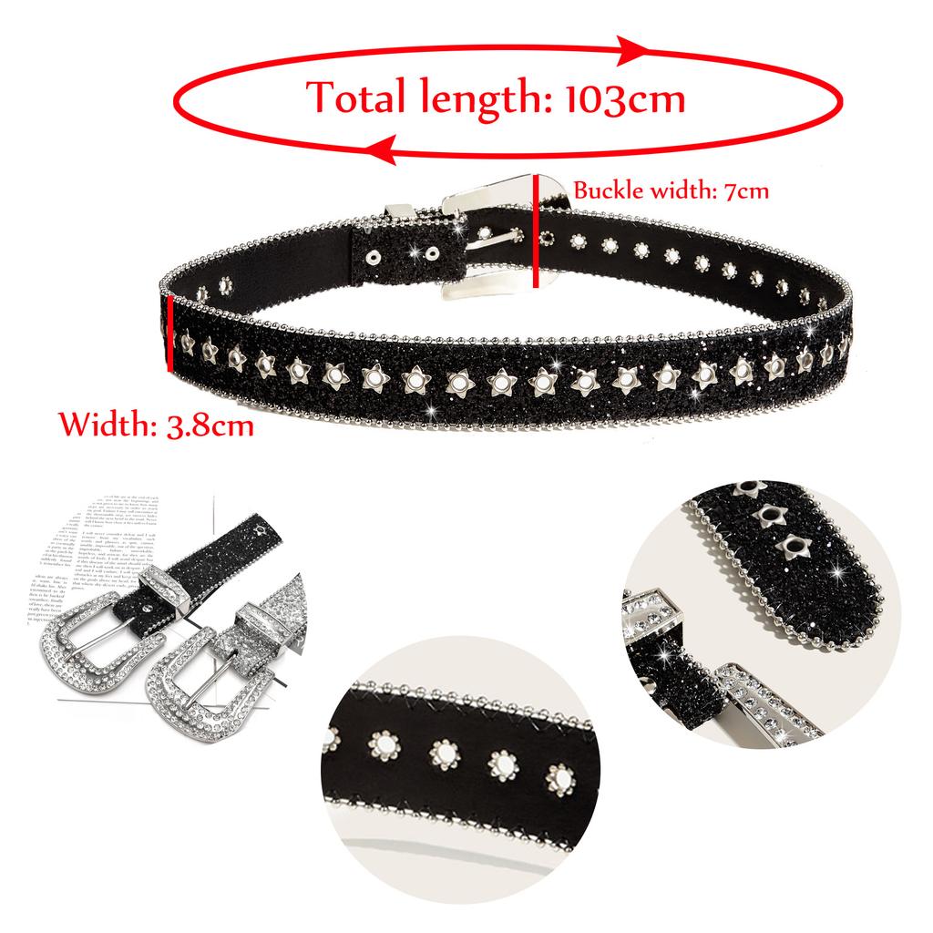 Fashion Women Wide Glitter Belt Golden Rhinestone Buckle Full Eyelet Design Western Style Waist Belt for Jeans Pants Dresses