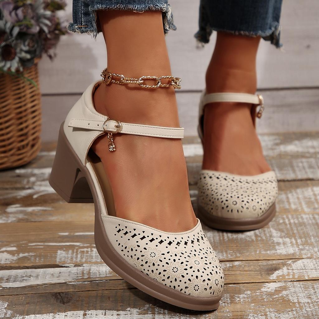 Fashion Ankle Strap High Heels Sandals for Women 2025 Summer Hollow Out Breathable Pumps Woman Comfortable Chunky Heeled Shoes