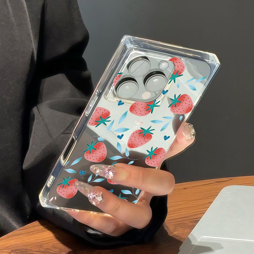 Clear Square Back Tube Case Protection For iPhone 16 ProMax 13 14 Pro Max 15 Plus 11 12 Anti-Oxygen,Multiple Strawberries Pattern Casing