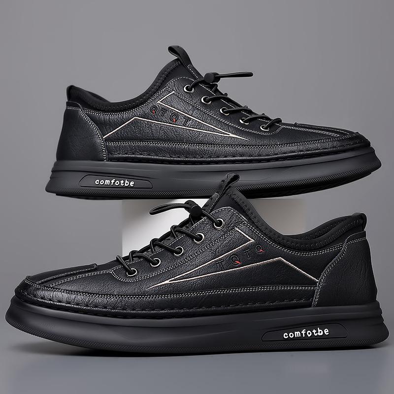 2025 Autumn New Breathable Leather Beanie Shoes Men's Casual Leather Shoes Elastic Shoes