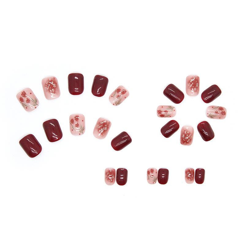24 Pcs Atmospheric Manicure Rose Red Gold Foil Smudged Fake Nails Ice Transparent Jujube Red Wearing Nail