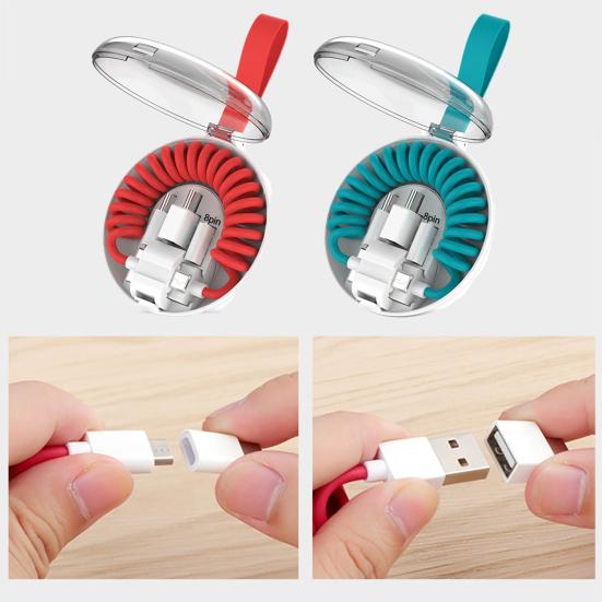 Ladekabel 3 Adapter mit Aufbewahrungsbox Dehnbar Sicheres Laden 3 in 1 Telefon USB Feder Daten