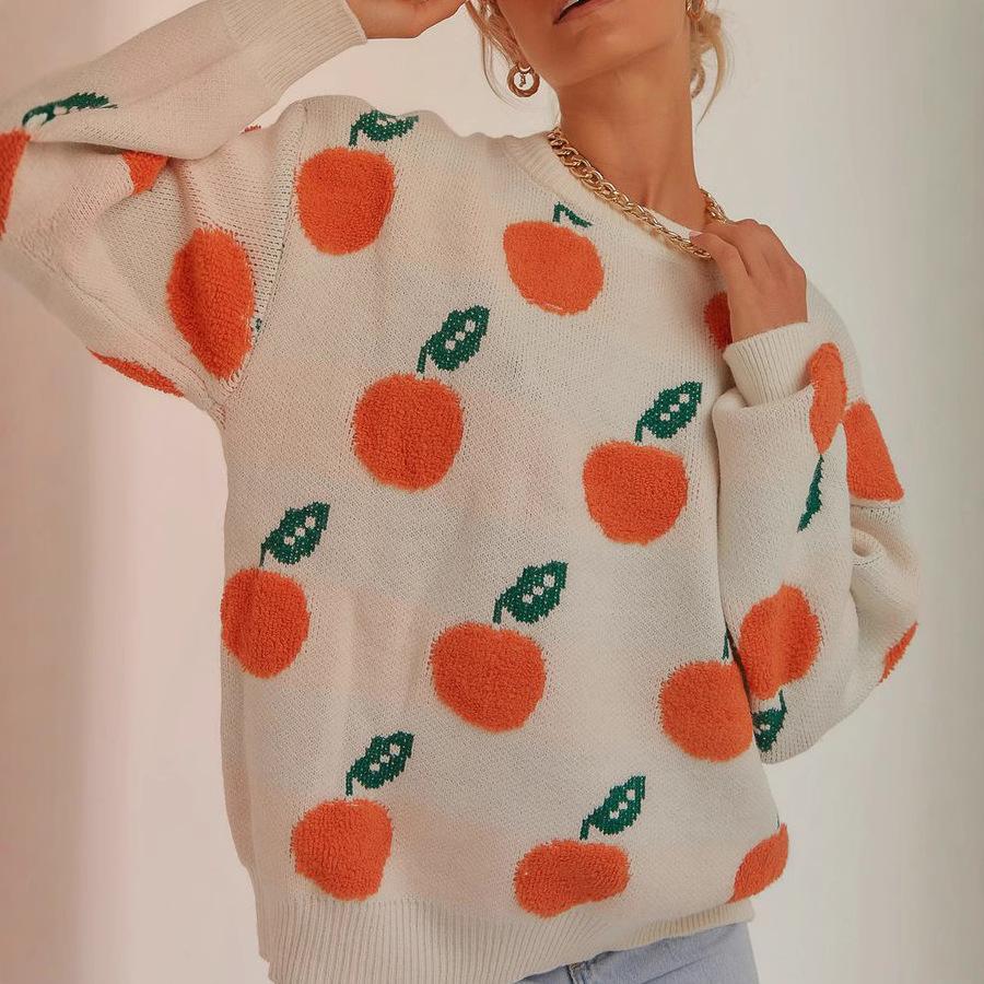 Autumn and winter new casual loose orange pattern round neck long sleeved knitted pullover sweater for women 3570 KTB