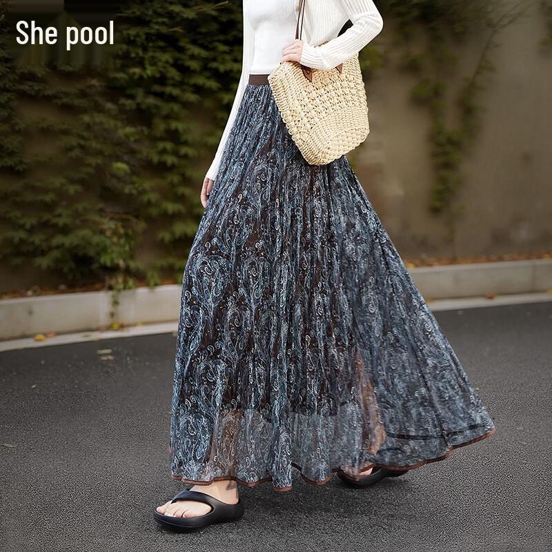 Women s 2026 Spring Flowy Floral Print A-Line Mesh Long Skirt with Elastic Waist One Size