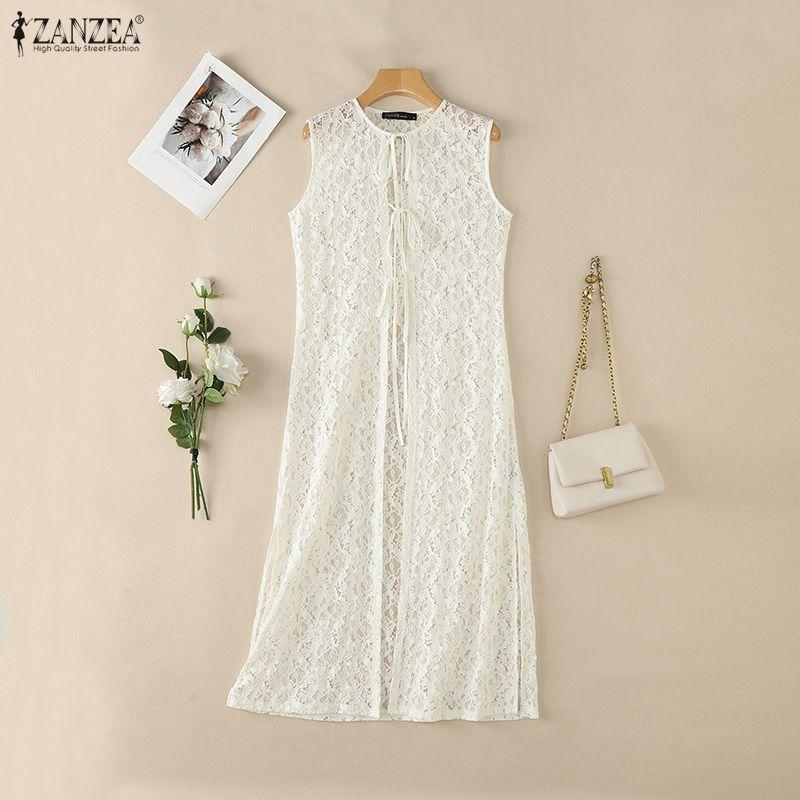 ZANZEA Women Casual Round Neck Sleeveless Lace Long Cardigan Tops