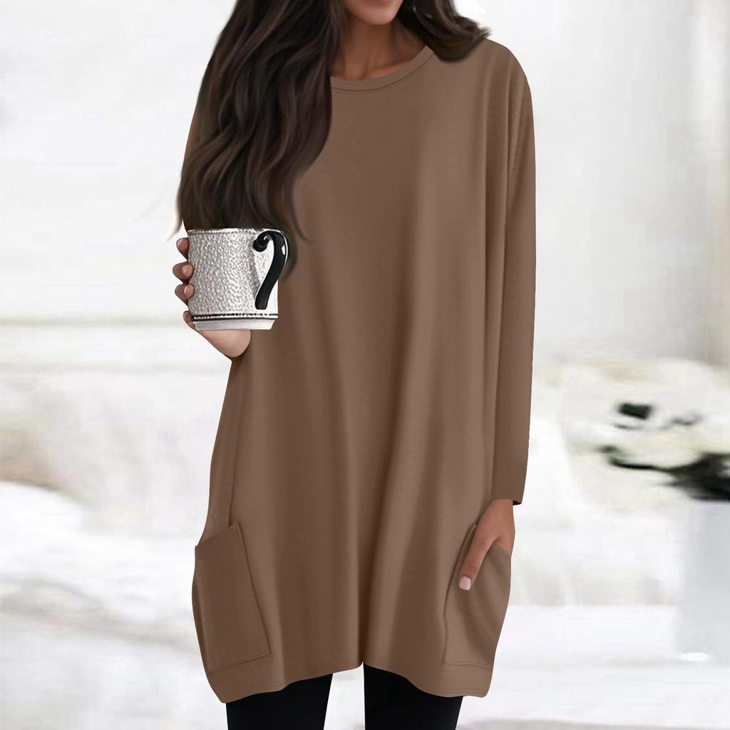 Womens Tops Round Neck Long Sleeve Blouses Casual Mid-length Shirts Fashion Print Tunic Tops With Pockets