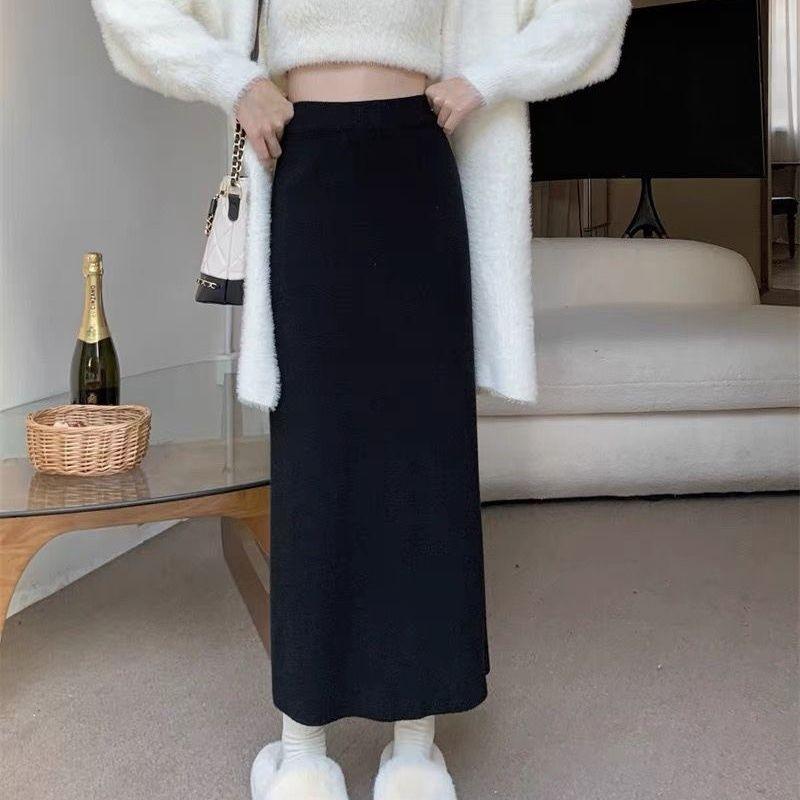Bodycon A-Line Women's Black Knitted Maxi Skirt Autumn Winter High Waist Slim-Fitting Ankle-Length Straight Skirt