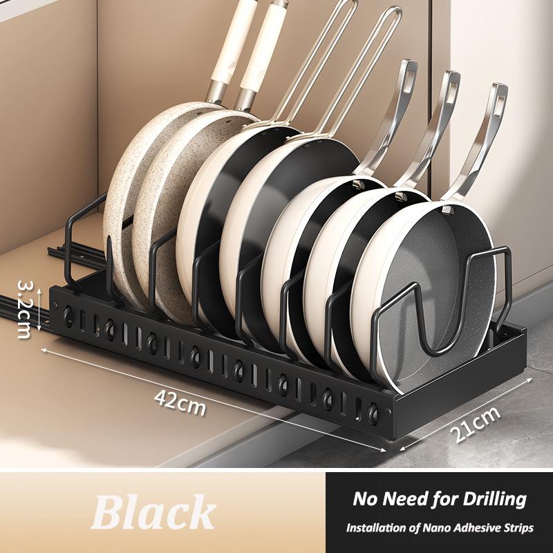 Kitchen Pots and Pans Storage Box with Sliding Rail Spice & Dish Rack Drawer Organizer Retractable Cabinet Pantry Shelves Holder