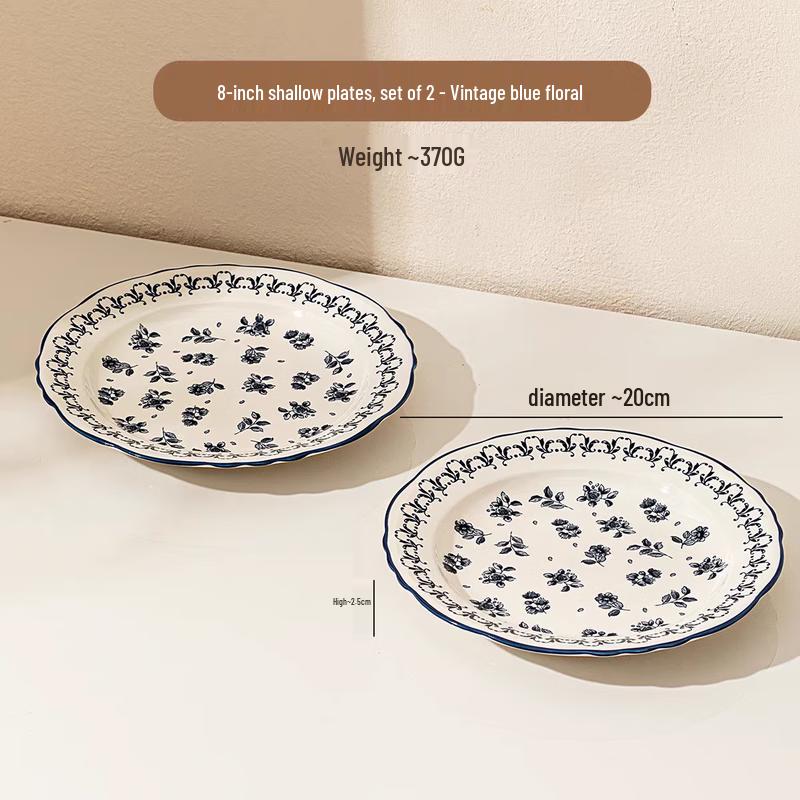 ZISIZ Retro Blue Flower Ceramic Plate Set