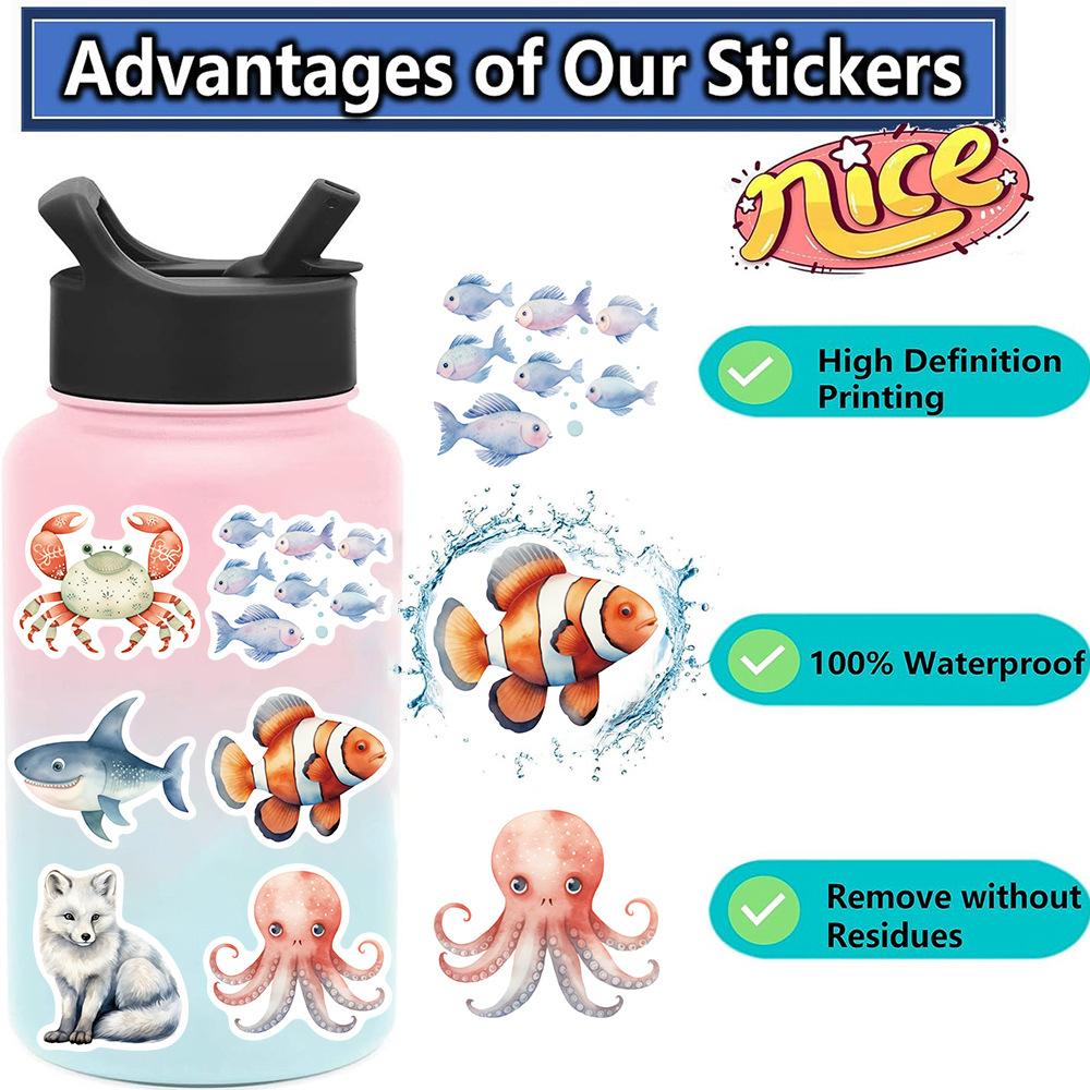50 Cartoon Watercolor Sea Animal Stickers Decorative Guitar Notebook Suitcase DIY Waterproof Stickers