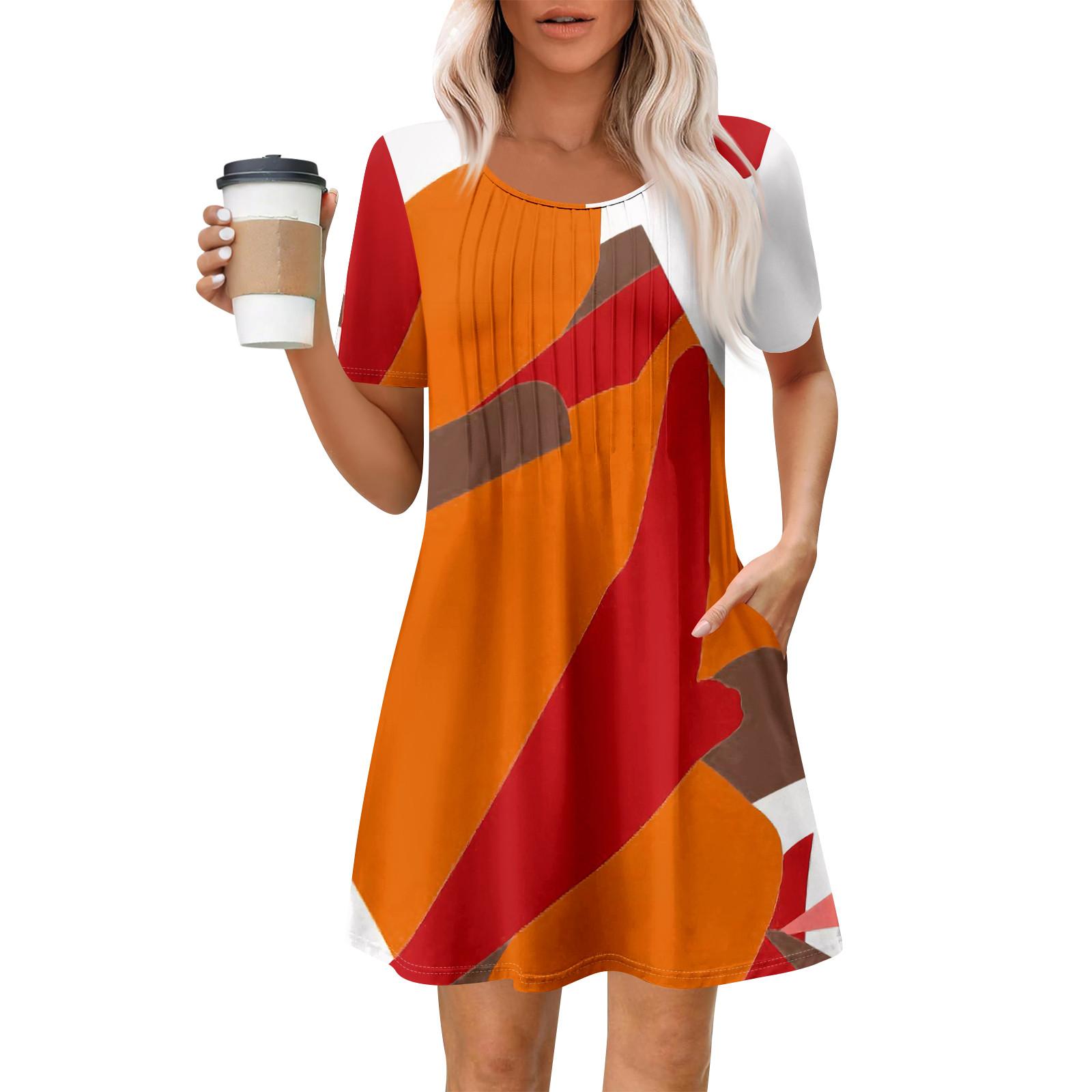 

Женское летнее платье свободного покроя для пляжного отдыха, сарафан с коротким рукавом и круглым вырезом, с карманом, с коротким рукавом, платье-рубашка XL оранжевый