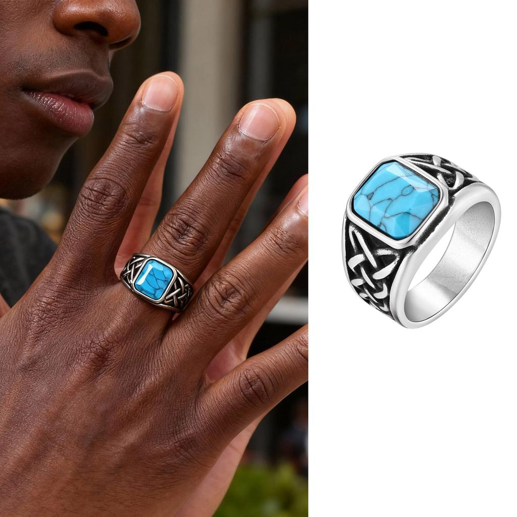 Punk Vintage Etniske Ringe til Mænd, Retro Vikingeknude Runefingerring, Sort Geometrisk Firkantet Sten Seglring Smykker