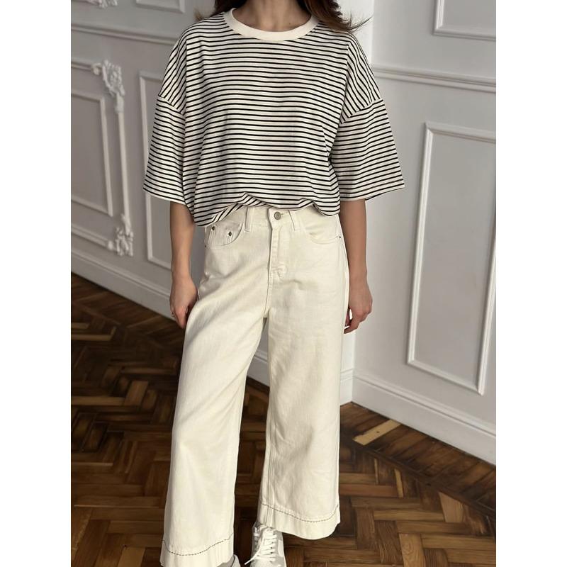 Women's Spring and Summer New Black and White Striped Short-sleeved T-shirt Collision Loose Body Shirt Round Neck Casual Tops Bottoming Shirt