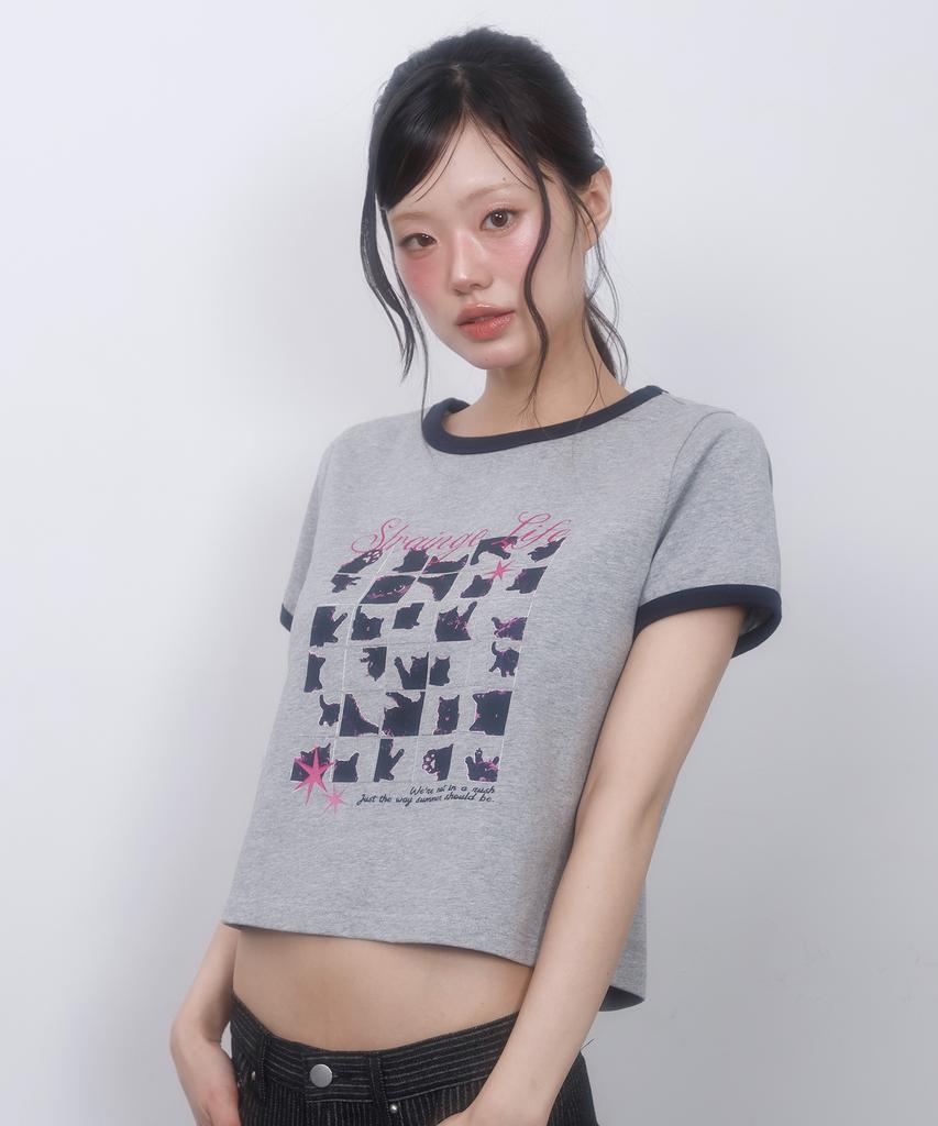 LMR Cat Foster Ringer Crop Short Sleeve T-Shirt Grey