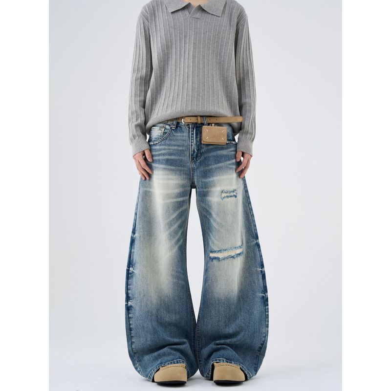 Kisko American Retro Distressed Washed Blue Scimitar Jeans Unisex Loose Straight Cleanfit Pants