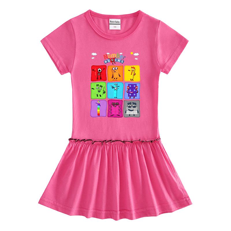 Summer Cartoon Raglan Color Block Pleated Dress for Girls