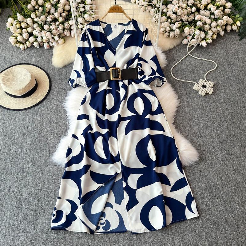 Stil franțuzesc, vară lungă, îmbrăcăminte nouă pentru femei, textura de înaltă calitate, rochie rafinată cu decolteu în V