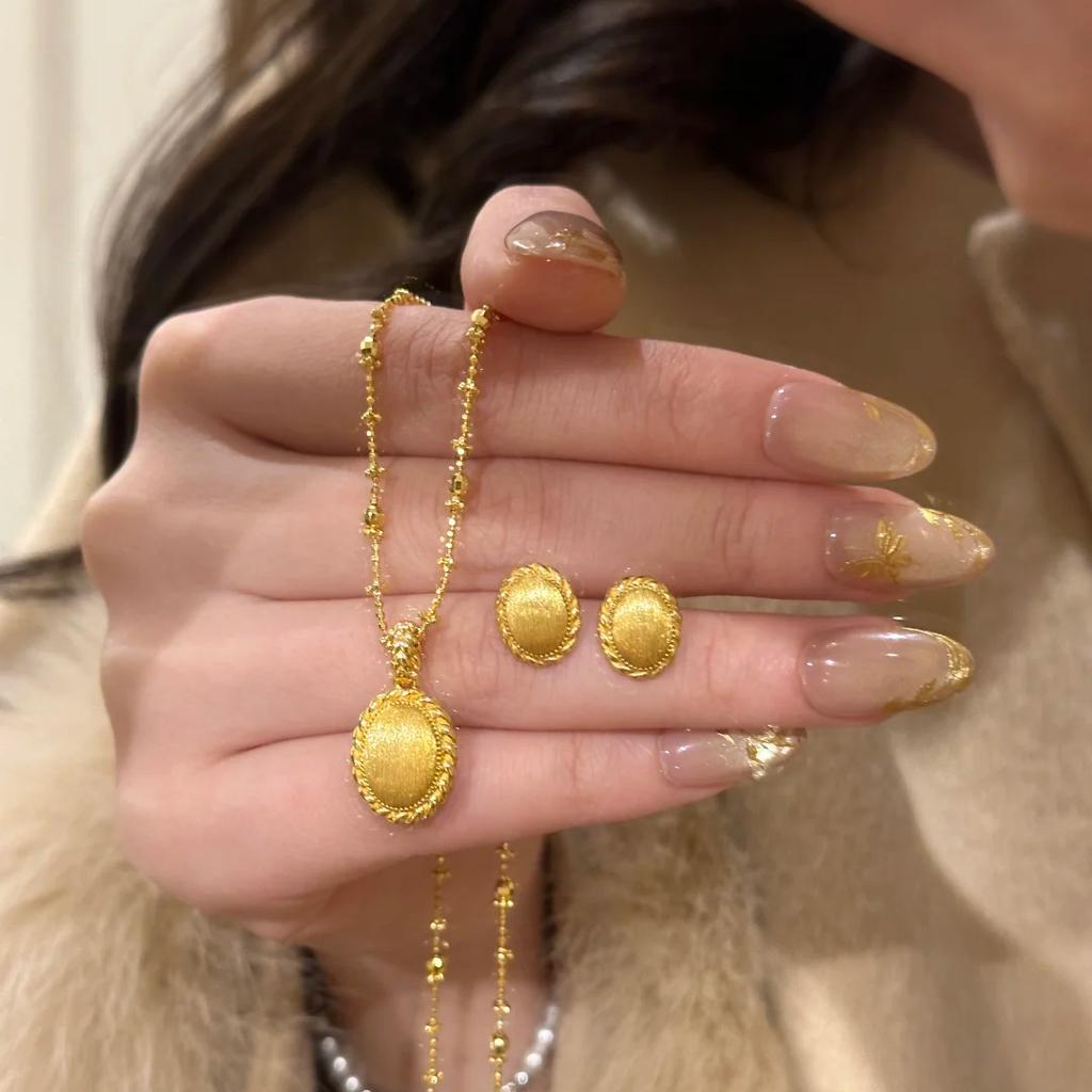 Foydjew Italian Medieval Retro Oval Design Gold Color Pendant Necklaces Stud Earrings Party Banquet Zircon Sets For Women