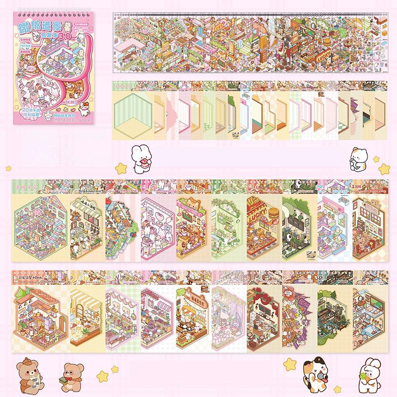 1book Landscape Stickers Collection Miniature Small World Landscape Stickers Cute Puzzle Handbooks DIY Decorative Stickers