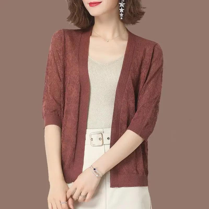 

Oversized 2XL Summer Knit Cardigan Coats Korean Elegant Lace Hollow Out Sunscreen Tops Half Sleeve Jackets Cropped Cardigan 5XL