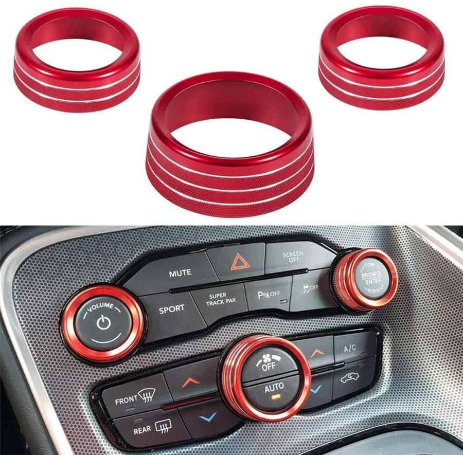 3pcs Red AC Radio Switch Trim Ring Knob Cover For Dodge Challenger/Charger 15-20