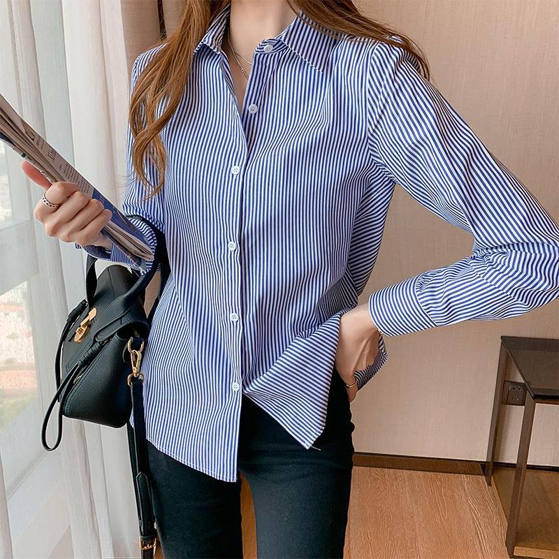 Profession Office Printing Striped Single-breasted Blouse Women New Long Sleeve Turn-down Collar Korean All-match Lady Shirt