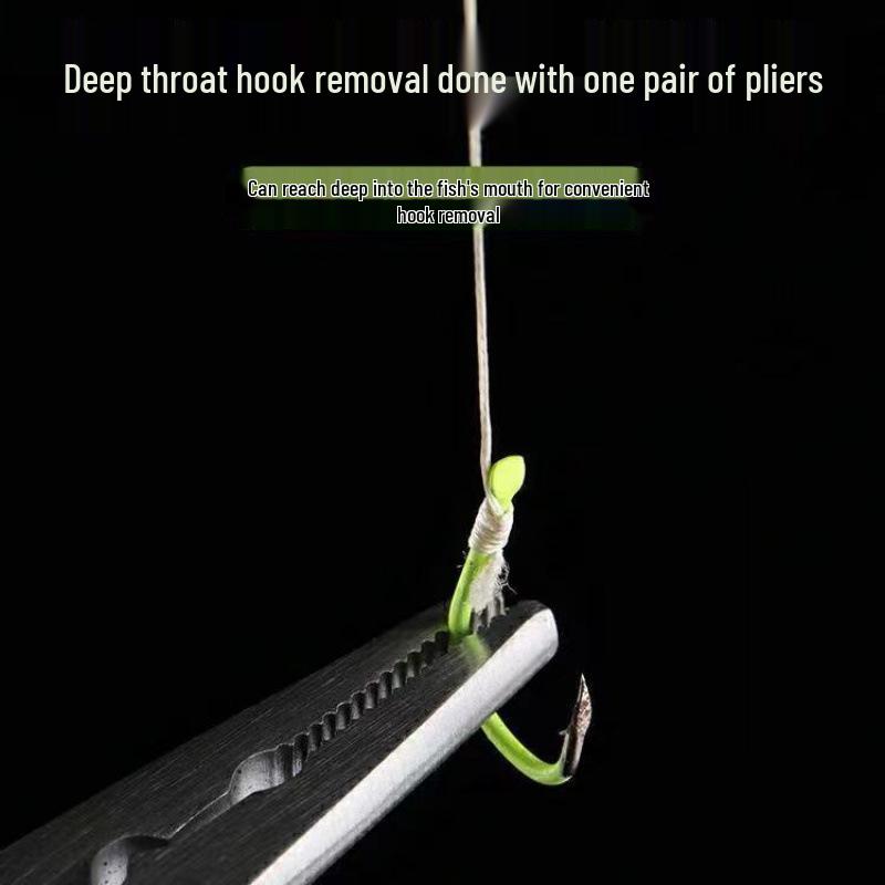 Extra Long Stainless Steel Fishing Pliers with Flat Nose, Line Cutter, and Fish Control Functions.