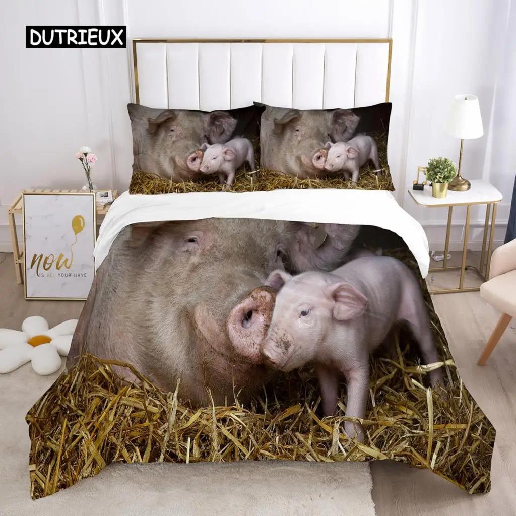 Sada povlečení na peřinu s motivem prasátka z mikrovlákna velikosti Queen, roztomilé prasátko, zvířecí motiv, sada pro dva, farmářská zvířata, 23dílná, povlečení na peřinu pro chlapce a dívky