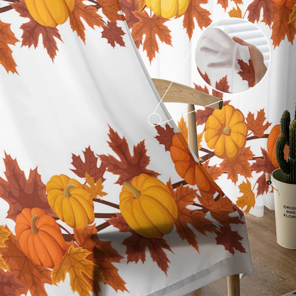 Thanksgiving Autumn Pumpkin Maple Leaf Tulle Curtains For Living Room Bedroom Modern Chiffon Sheer Kitchen Curtains