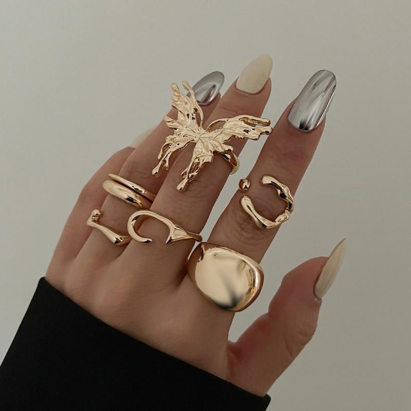 7Pcs/set Smooth Geometric Butterfly Open Rings Set for Women Couple Exaggerated Metal Irregular Chunky Ring Y2K Jewelry Gift
