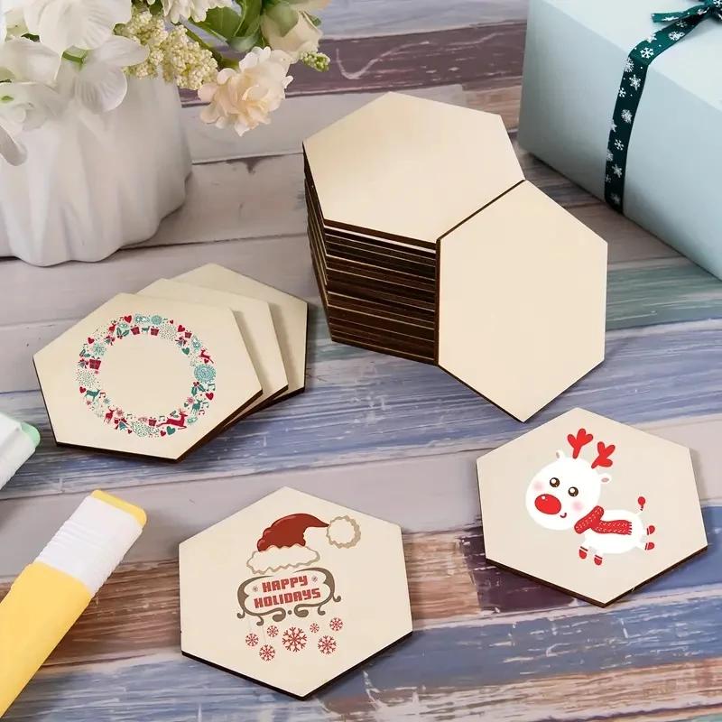 100Pcs Wooden Hexagon Blank Slices Unfinished Wooden Discs Hanging Embellishments Art Crafts for DIY Crafting Wedding Christmas