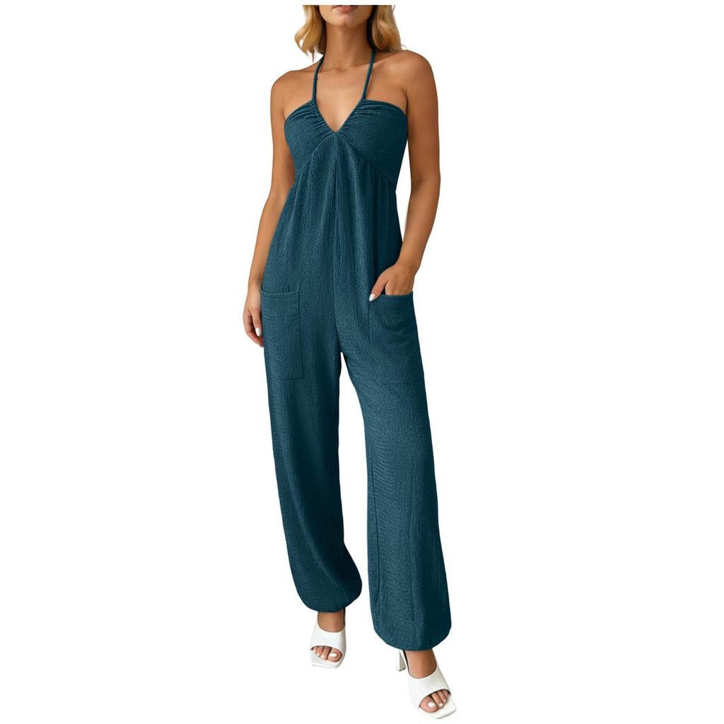 Women Halter Neck Casual Jumpsuit Sleeveless Loose Fit Wide Leg Pants with Pockets for Everyday Wear