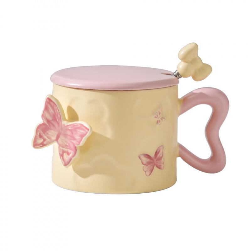 Creative Embossed Butterfly Personalized Ceramic Mug As A Souvenir Coffee Cup with Lid and Spoon High Looking Small Fresh Water Cup