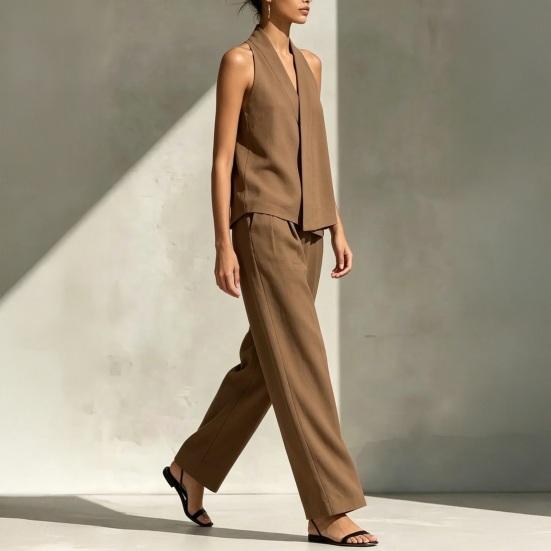 Women's Two Piece Set, Sleeveless V Neck Vest Top And Wide Leg Pants Matching Sets, Casual Business Office Work Outfits