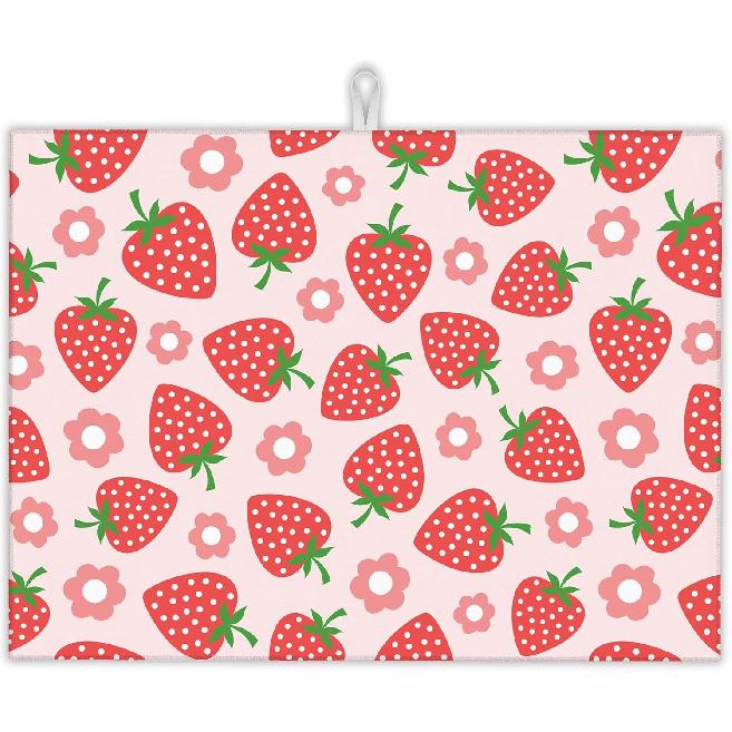 Pink Strawberry Dish Drying Rack Mat for Kitchen Counter,Cute Flowers Dish Drying Pad Absorbent Reversible Microfiber Protector for Coffee Bar Sink
