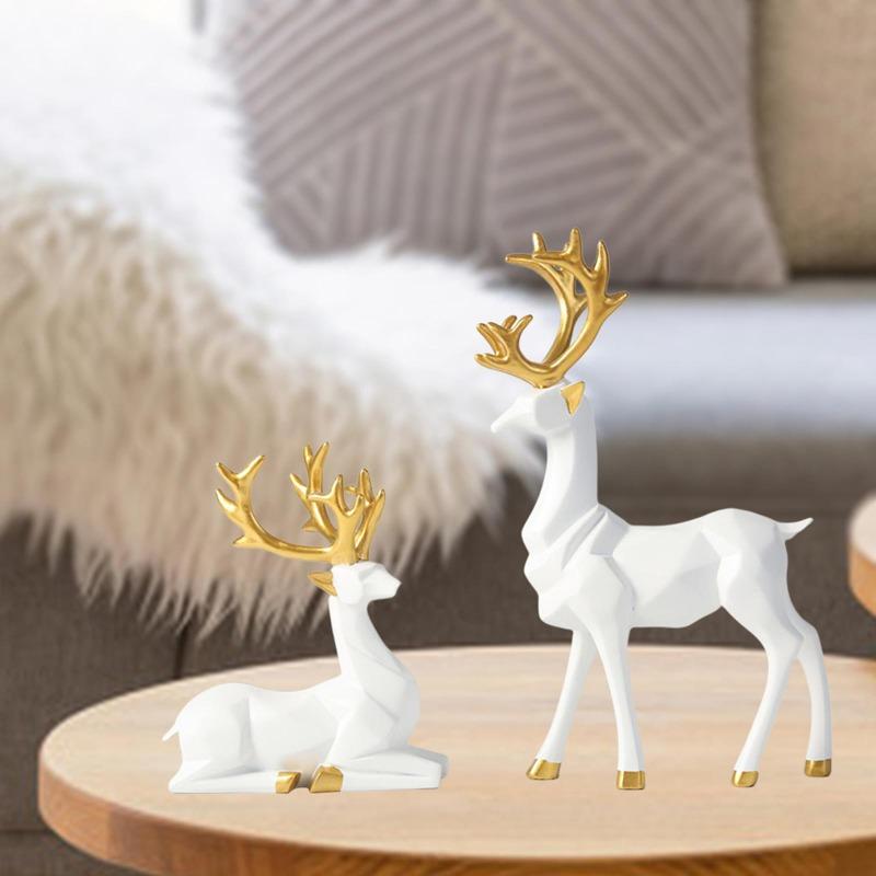 Weißer Goldener Elch Rentier Ornament Harz Statue Kunsthandwerk für TV-Schrank Bücherregal Büro Café Dekor Winter Weihnachtsdeko