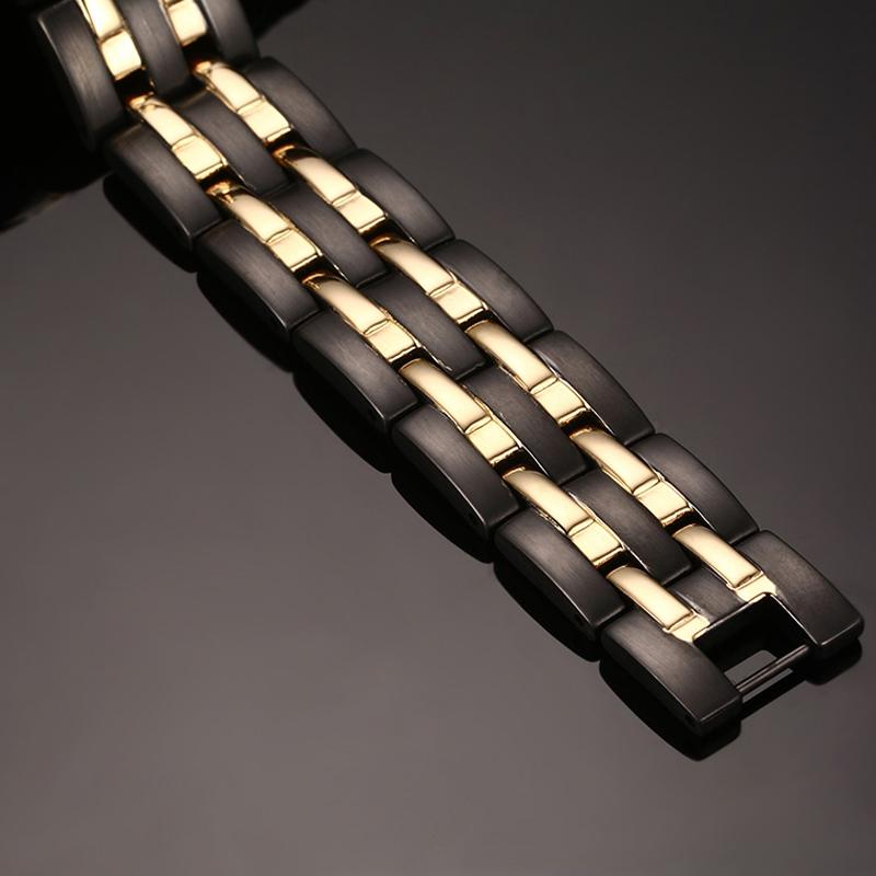 Ikuinen Health Mens Hand Chain Black Double Row Gold Color Bio Magnetic Bracelet 15mm Wide Stainless Steel Bracelets For Man
