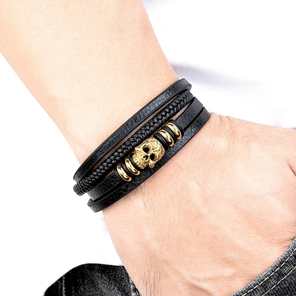 Fashion Men Bracelet Hand Homme Bracelets Woven Skull Hand Jewelry for Stainless Steel Magnet Clasp Leather Bangles Gift