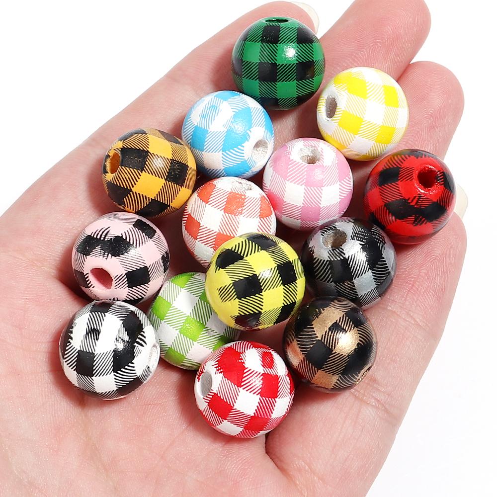 20pcs/lot Checkered Pattern Round Balls For Jewelry Making Wooden Beads Loose Spacer Beads DIY Bracelet Necklace Accessory