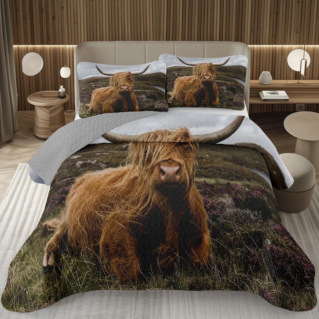 Tagesdecke mit Hochlandrind-Motiv, Kingsize, gesteppt, lustiges Landhaus-Wildtier-Bettwäscheset für Kinder, Jungen und Mädchen