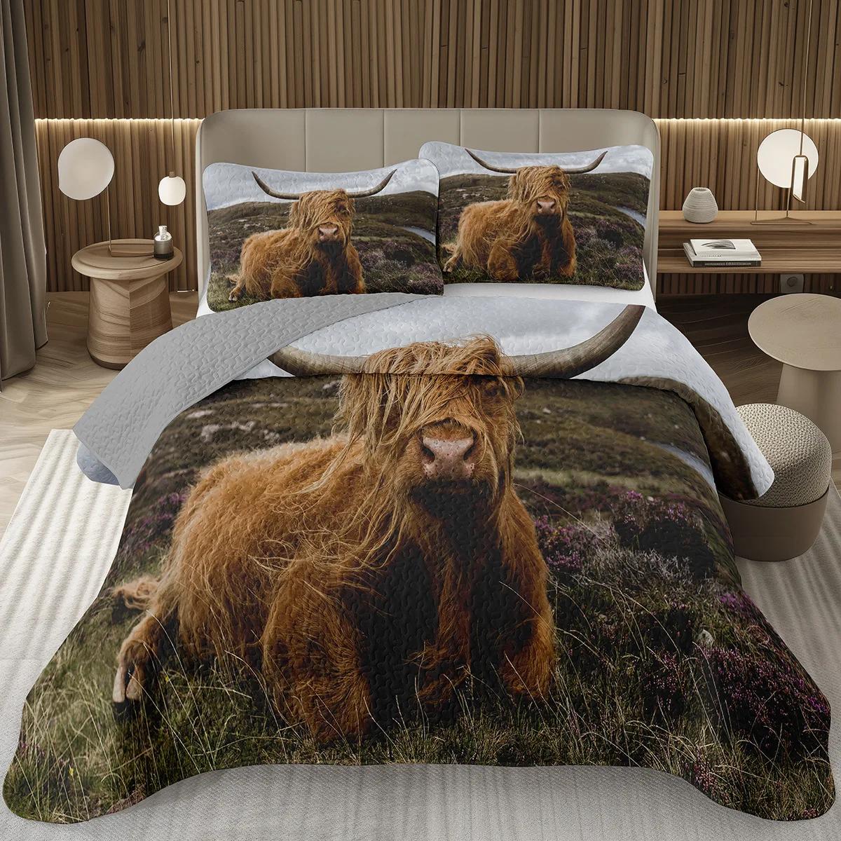 

Highland Cow Bedspread King Size Bull Cattle Quilted Funny Farmhouse Wildlife Animal Coverlet Set For Kids Boys Girls Bedroom EU Single 135x200cm