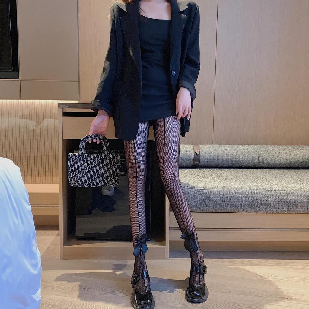 Seductive Black Fishnet Stockings with Bow and Letter Details - Plus Size European and American Styles