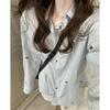 Women's Blue & White Striped Long-Sleeve Bow Print Shirt - Mid-Length, Unique Design, Early Autumn, Stylish Sun Protection Top