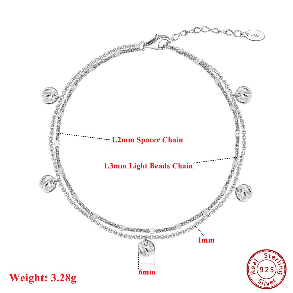 EFFIE QUEEN Women's Dainty Double Layered Chain Anklets Jewelry 925 Pure Silver Minimalist Round Pendants Anklet Foot Chain SA64