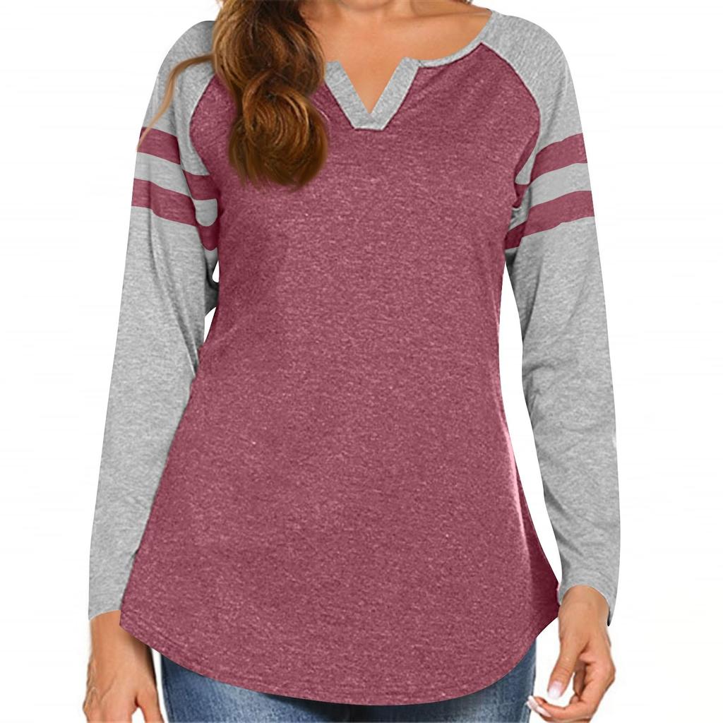 Women's Casual Fashion Striped Long-sleeved T-shirt V-neck Color-blocked Top
