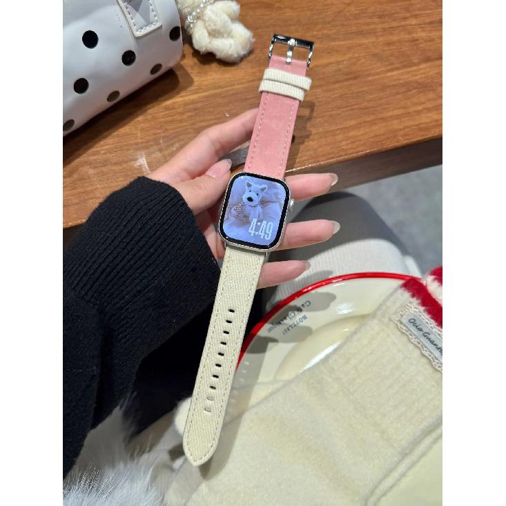 

Advanced color blocking Leather loop band For Apple Watch women 44mm 40 45 41 49 42 38 Series 11 10 9 8 SE 7 6 5 4 3 Strap 38mm40mm41mm розовый