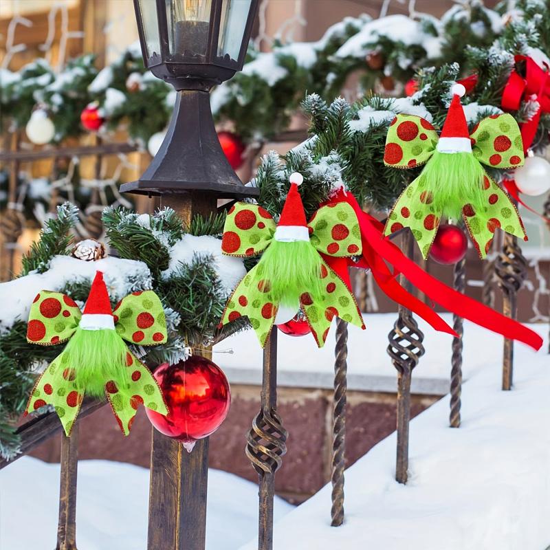 5/10Pcs Plush Foliage Wreaths Christmas for Xmas Tree Party Ornaments Santathemed Decor Glitter Dot Ribbons with Santa Hat