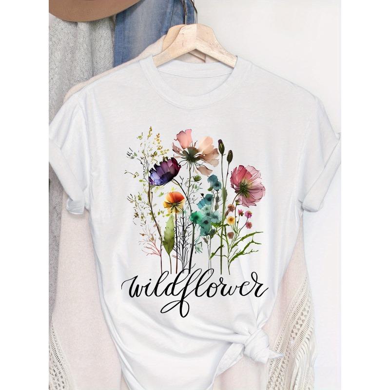

Women Crew Neck Short Sleeve T-Shirt Floral Graphic Print Breathable Soft Skin-Friendly Regular Length Casual Spring Summer Everyday Wear Top 4XL білий