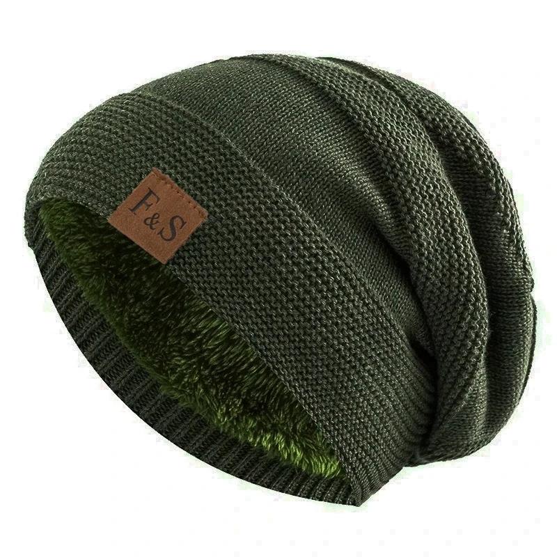 Unisex Classic Slouchy Winter Hats Plush Fur Lined Warm Beanie Cap Men Women Casual FS Label Decor Winter Knitted Hats