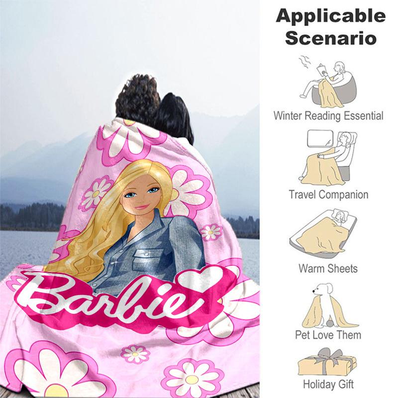 1 stuks Barbie Bloemig Roze Achtergrond Cartoon Deken, Draagbare Plaid voor Reizen & Kamperen, Gezellige Deken voor Alle Seizoenen, Ideaal Cadeau